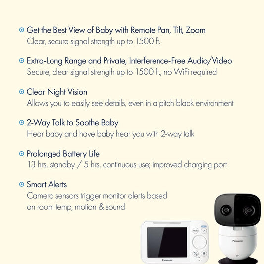 Panasonic Baby Monitor with Camera and Audio, 3.5” Color Video, Extra Long Range, Secure Connection, 2-Way Talk, Soothing Sounds, Remote Pan, Tilt, Zoom - 1 Camera - KX-HN4101W (White)