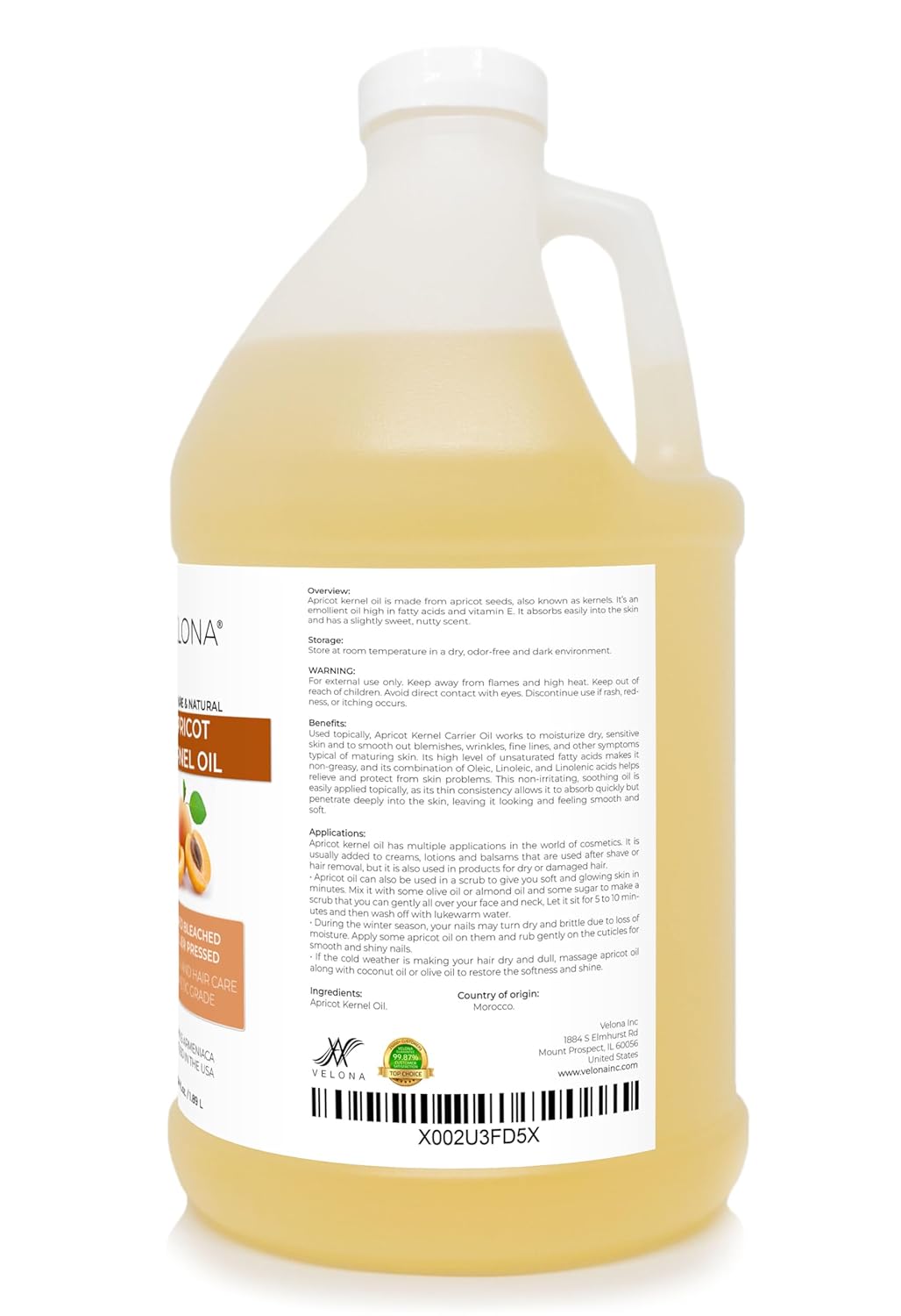 velona Apricot Kernel Oil 64 oz | 100% Pure and Natural Carrier Oil | Refined, Cold Pressed | Hair, Body and Skin Care | Use Today - Enjoy Results : Beauty & Personal Care
