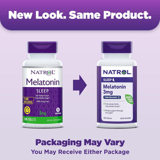 Natrol Melatonin Time Release Tablets, Helps You Fall Asleep Faster, Stay Asleep Longer, Strengthen Immune System, 100% Vegetarian, 3Mg, 100 Count