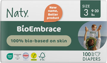 Naty Bioembrace Baby Diapers Size 3 (9–20 Lbs) | 100% Biobased On Skin | Plant-Based Softness | Dermatologically Tested, Super Absorbent | 100 Count