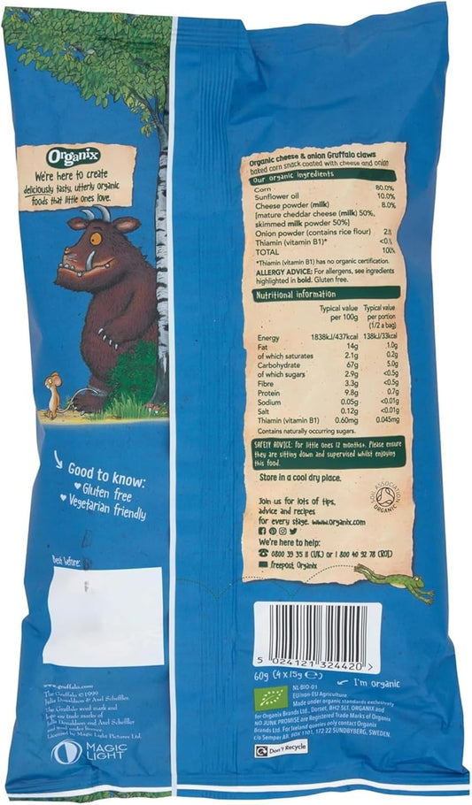 Organix Cheese & Onion Gruffalo Claws, Toddler Snack Puffs, 12+ Months, Multipack, 4 X 15 G Bags Per Pack (3 Packs Total)
