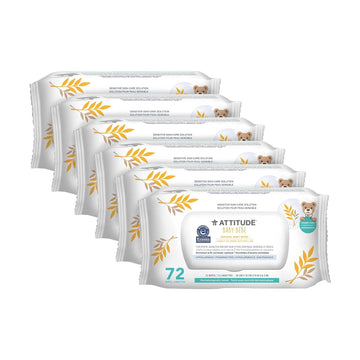 ATTITUDE Oatmeal Sensitive Natural Baby Care Wipes, Hypoallergenic, Vegan and Cruelty-Free, Unscented, 72 Wipes (Pack of 6)