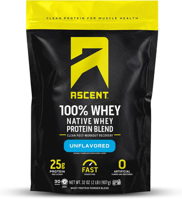 Ascent 100% Whey Protein Powder - Post Workout Whey Protein Isolate, Zero Artificial Flavors & Sweeteners, Gluten Free, 5.5G Bcaa, 2.6G Leucine, Essential Amino Acids, Unflavored 2 Lb