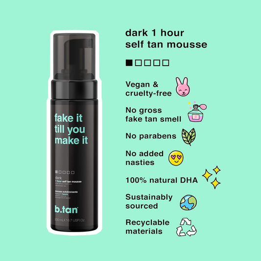 b.tan Dark Self Tanner Kit | Fake It Till You Make It Bundle - Self Tanner Mousse w/Mitt Applicator, 1hr Sunless Tanner, Fast, No Fake Tan Smell, No Added Nasties, Vegan, Cruelty Free, 6.7 Fl Oz