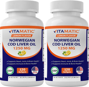Vitamatic 2 Pack Norwegian Cod Liver Oil 1250mg Total 240 Softgels (Lemon Flavor) - Promotes Cardiovascular Health