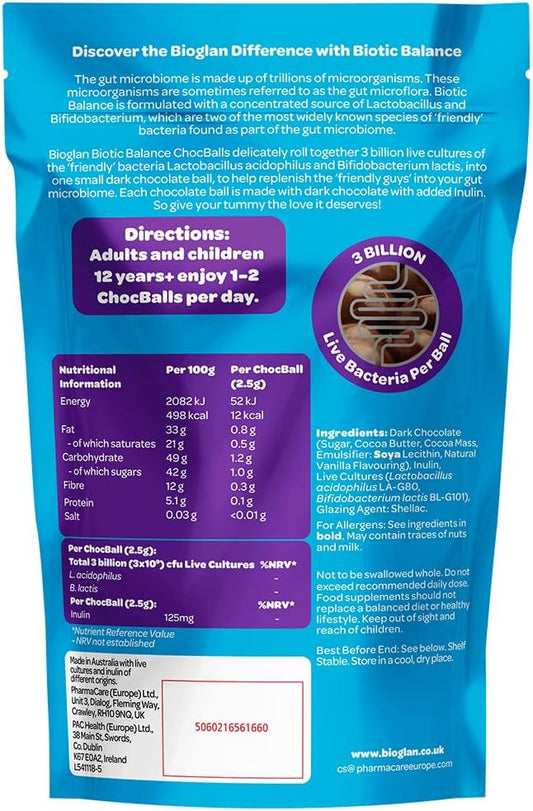 Bioglan Biotic Balance Dark Choc Balls | 3 Billion | Cfu | Live Cultures | Inulin | 30 Balls (Pack Of 2)