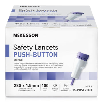 Mckesson Safety Lancet, Retractable, Push Button Activation - Ideal For Blood Testing - Sterile, Single Use, 28 Gauge, 1.5Mm Depth, 100 Count, 1 Pack