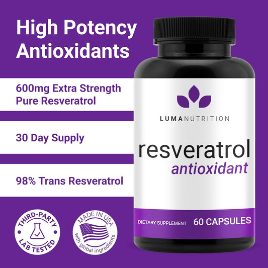 Luma Nutrition High Purity Resveratrol Supplement - 98% Trans-Resveratrol - Antioxidant - Resveratrol Capsules - Vegan & Gluten-Free - 60 Capsules