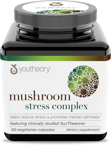 Youtheory Mushroom Stress Complex, Organic Full-Spectrum Mushrrom With L-Theanine, Help Reduce Stress And Promotes Mental Calmness, 60 Vegetarian Capsules