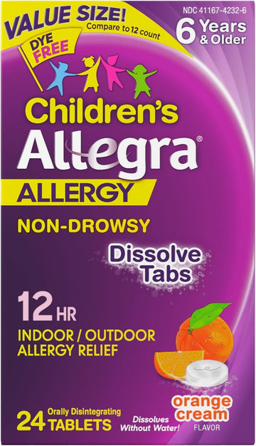 Allegra Children'S 12-Hour Allergy Relief Orally Dissolving Tablets, Non-Drowsy Indoor And Outdoor Allergy Medicine, 30 Mg Fexofenadine Hci Antihistamine For Kids, Orange Cream Flavor, 24-Count