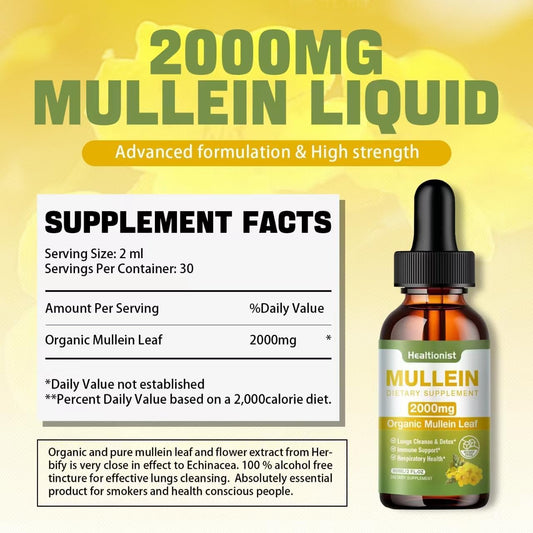 1 Pack Mullein Drops For Lungs - Leaf Extract Liquid - Powerful Mullein For Immune Support, Cleanse - Detox & Respiratory, Digestive System, Natural Herbal Supplement Tincture, Tea - 2 Fl Oz Vegan