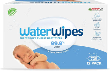 Waterwipes Original Baby Wipes, 720 Count (12 Packs), 99.9% Water-Based Wipes, Unscented, For Sensitive Skin, Packaging May Vary