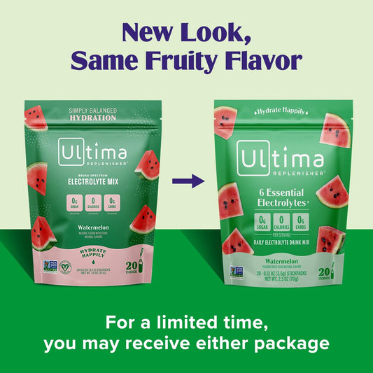 Ultima Replenisher Daily Electrolyte Drink Mix β Watermelon, 20 Stickpacks β Hydration Packets With 6 Electrolytes & Trace Minerals β Keto Friendly, Vegan, Non-Gmo & Sugar-Free Electrolyte Powder