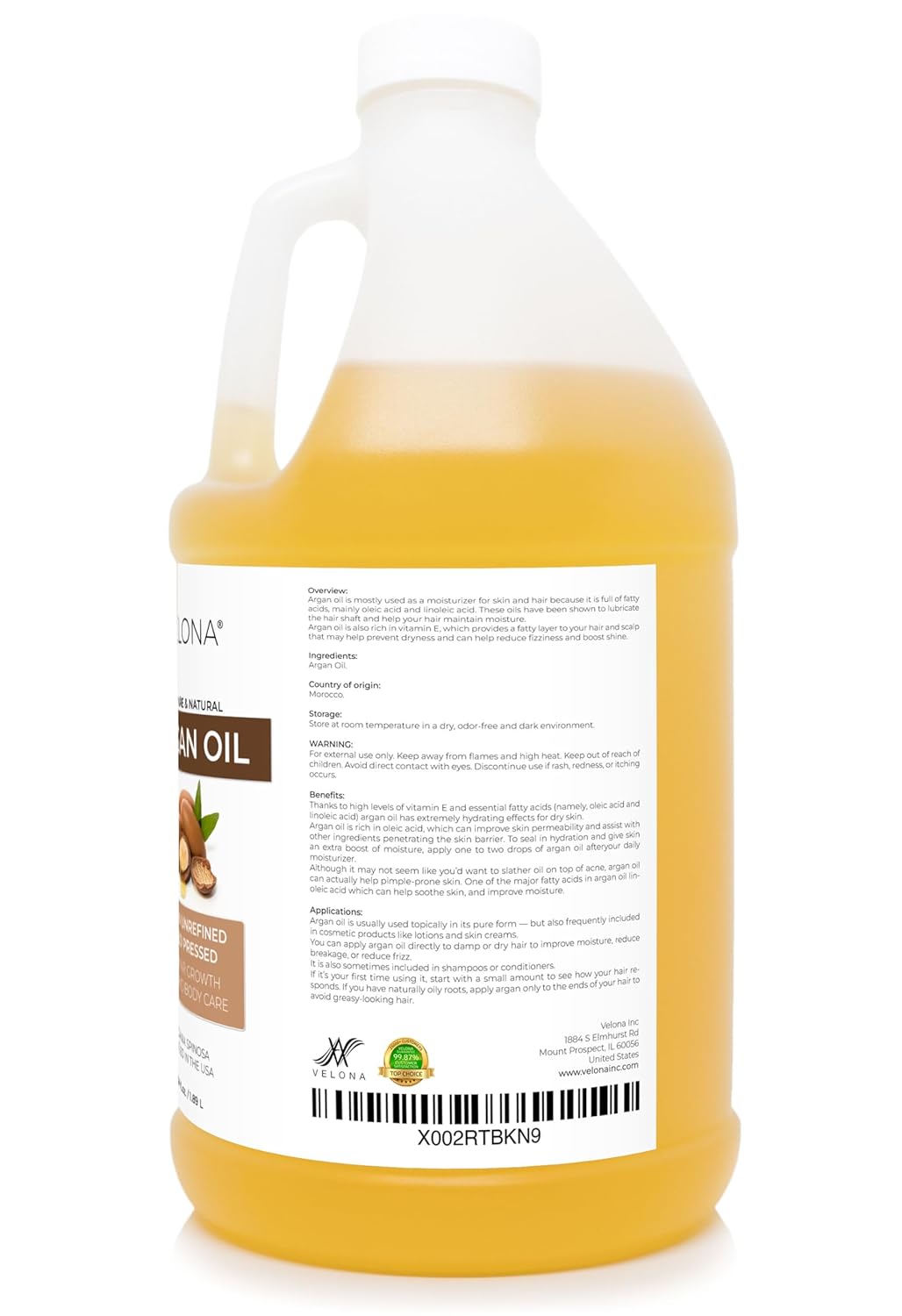 velona Argan Oil - 64 oz | 100% Pure and Natural | Morocco Oil | Stimulate Hair Growth, Skin, Body and Face Care | Nails Protector | Unrefined, Cold Pressed… : Beauty & Personal Care