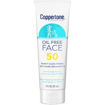 Coppertone Face Sunscreen SPF 50, Oil Free Sunscreen for Face, Water Resistant SPF 50 Sunscreen Face Lotion, Travel Size Sunscreen, 3 Fl Oz Tube