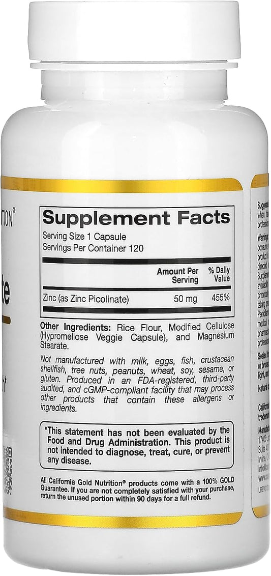 Zinc Picolinate, Bioavailable Form Of Zinc, Supports Immune Health, 50 Mg, 120 Veggie Capsules
