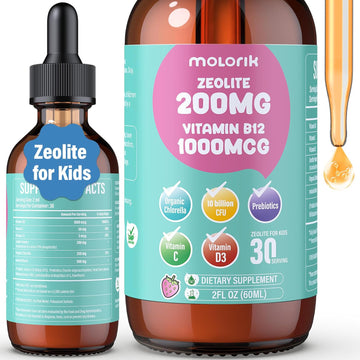Zeolite Drops For Kids And Adults, 200Mg Zeolite Liquid Drops With 1000Mcg Vitamin B12, Organic Chlorella, 10 Billion Cfu & Prebiotics For Gut Support & Speech, Immune, Bone, Energy*, Strawberry, 60Ml