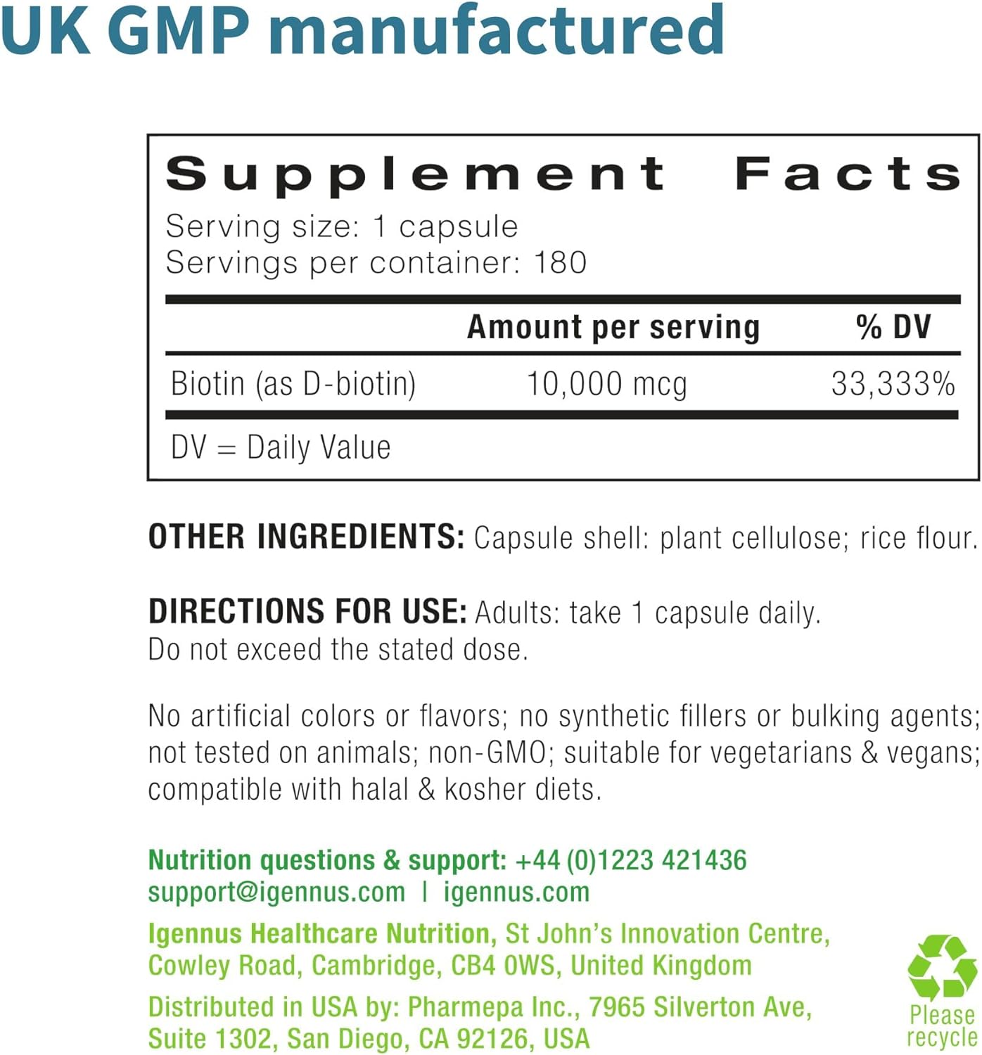 Pure Biotin 10,000mcg, Extra Strength Biotin, 180 Small Easy to Swallow Capsules, Vitamin B7, Clean Label, Lab Verified, & Vegan & Hypoallergenic, No After Taste or Smell, by Igennus : Health & Household