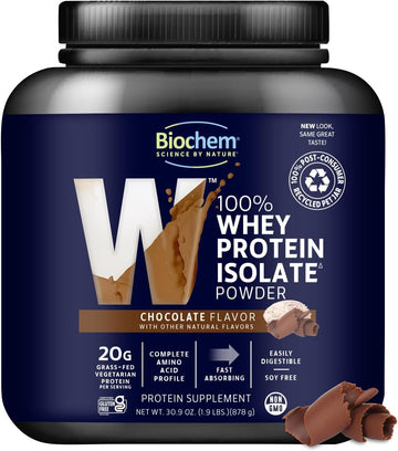 Biochem 100% Whey Isolate Protein Powder, Chocolate Flavor, 20G Grass-Fed Protein, Keto Friendly, Gluten Free, Vegetarian, Easily Digestible, 30.9 Oz, 28 Servings