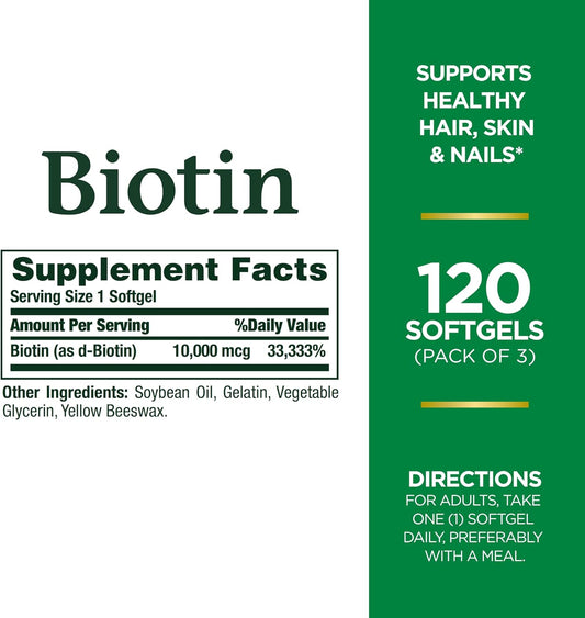 Nature'S Bounty Biotin 10,000Mcg, Supports Beautiful Hair, Glowing Skin And Healthy Nails, Rapid Release Softgels, 120 Count (Pack Of 3)