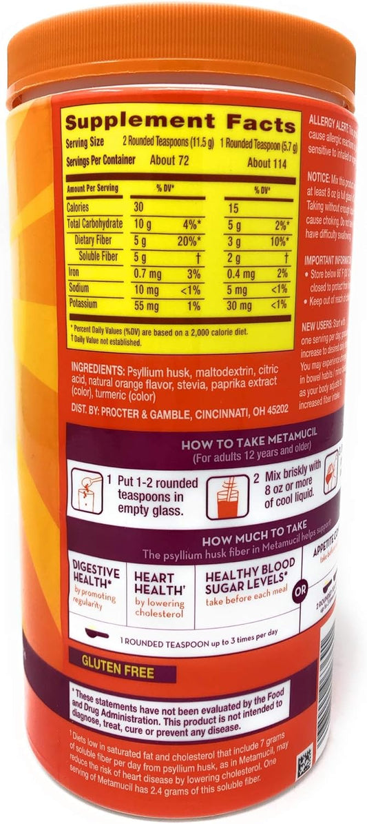 Metamucil Premium Blend Sugar Free Fiber, 114 Servings, Psyllium Husk Fiber Powder Supplement, With Stevia, Natural Orange Flavor 23.1 Oz
