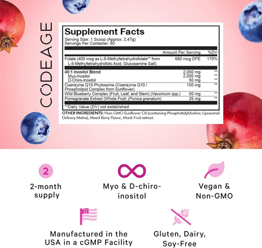 Codeage Liposomal Ovarian Inositol Powder Supplement - Myo-Inositol, D-Chiro-Inositol, Folate & Coq10 Phytosome - 2-Month Supply - 40:1 Women Hormonal Balance & Fertility Support Blend, Non-Gmo, 5.2Oz