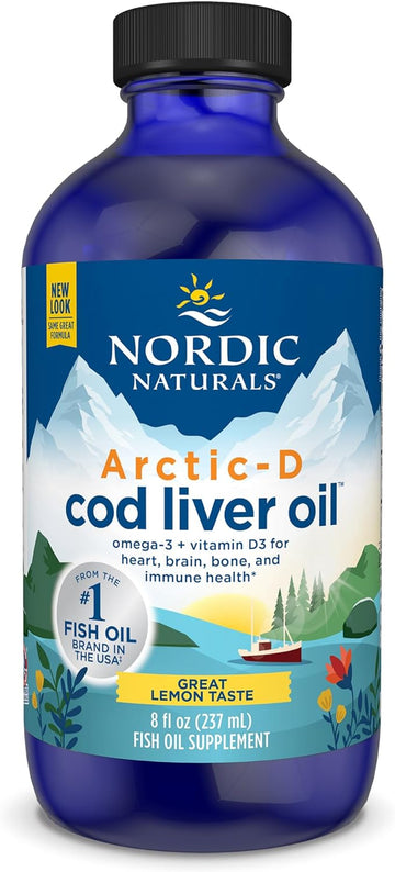 Nordic Naturals Arctic-D Cod Liver Oil, Lemon - 8 oz - 1060 mg Total Omega-3s + 1000 IU Vitamin D3 - EPA & DHA - Heart, Brain, Bone, Immune & Mood Support - Non-GMO - 48 Servings