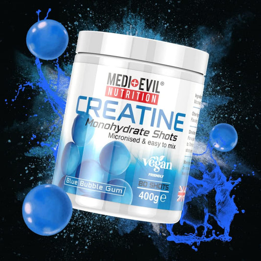 Medi-Evil Nutrition Creatine Monohydrate Shots Powder Vegan Friendly, Blue Bubblegum Flavour, 400G, 80 Servings, Micronised For Easy Mixing (Pack Of 1 Tub)