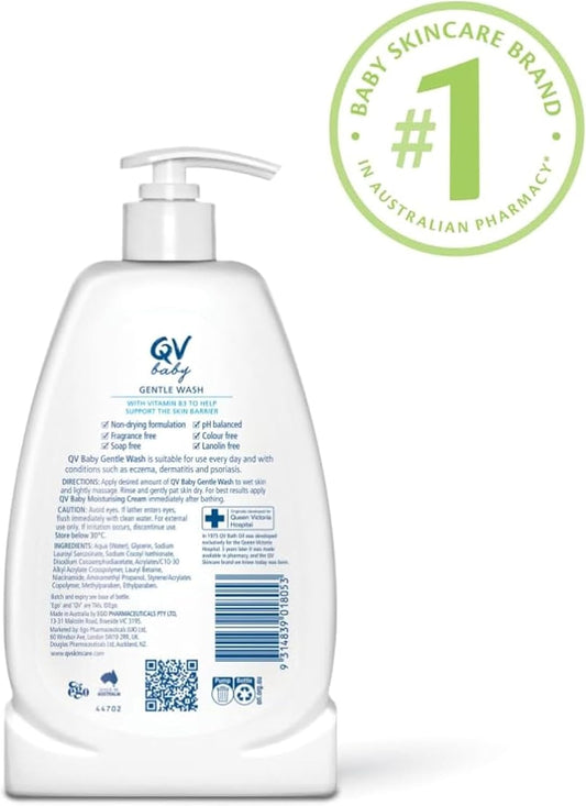 Qv Baby Gentle Wash 500Ml - With Vitamin B3 & Glycerin, Delicate Soap-Free, Ph-Balanced For Everyday Use Suitable For Face, Body & Hair, Body Wash For Sensitive Skin, Eczema, Psoriasis, Bath