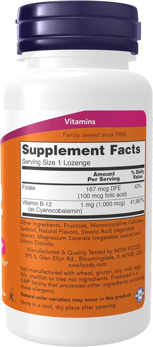 Now Foods Supplements, Vitamin B-12 1,000 Mcg With Folic Acid, Nervous System Health*, 250 Chewable Lozenges