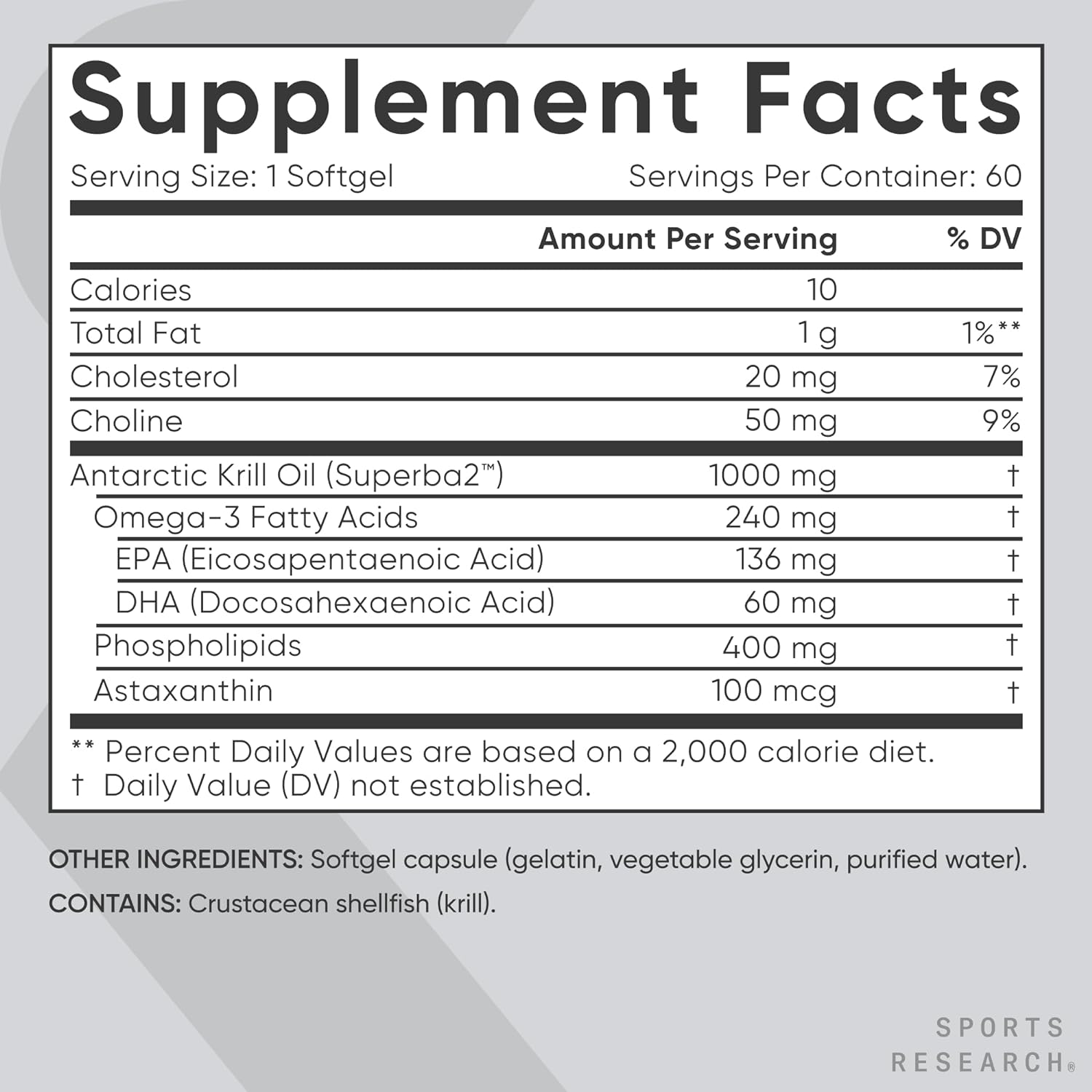 Sports Research Antarctic Krill Oil Omega 3 Softgels 1000mg (Double Strength) with Phospholipids, Choline & Astaxanthin - Sustainably Sourced, Non-GMO Verified & Gluten Free - 60 Capsules : Health & Household