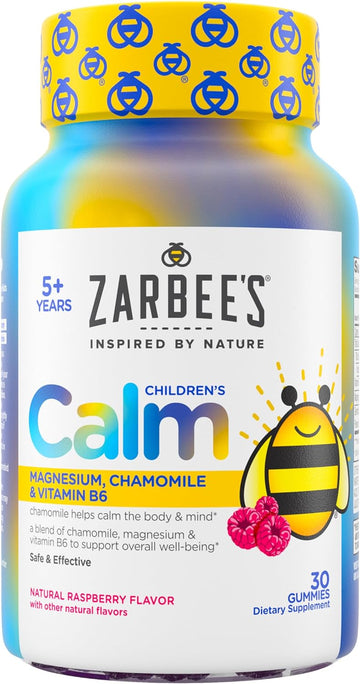 Zarbee's Children's Calm Gummy, Supports a Calm Mind & Body for Kids Ages 5+, Made with Magnesium, Chamomile & Vitamin B6, Natural Raspberry Flavor, 30 Gummies