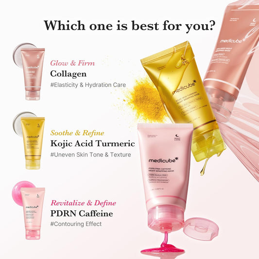 Medicube Korean Overnight Glow Mask Trio:Pdrn Caffeine & Collagen & Kojic Acid Turmeric Overnight Wrapping Peel Off Facial Mask And Jelly Brush