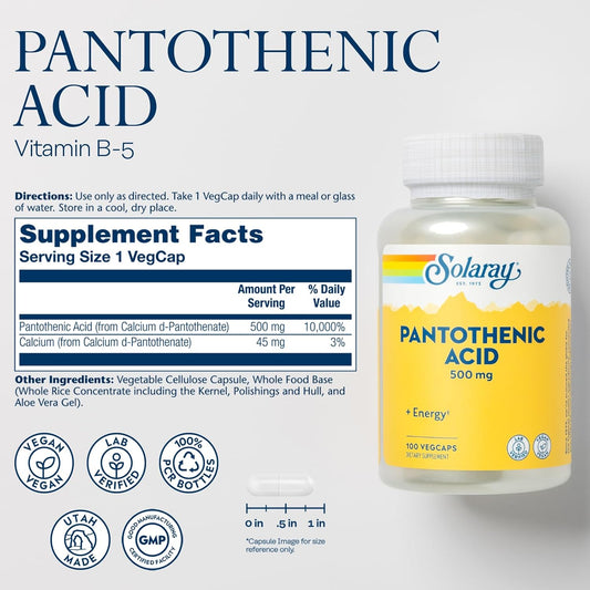 Solaray Pantothenic Acid 500Mg - Vitamin B 5 For Coenzyme-A Production And Energy Metabolism, Hair, Skin, And Nails Support - Vegan, Lab Verified, 60-Day Guarantee - 100 Servings, 100 Vegcaps