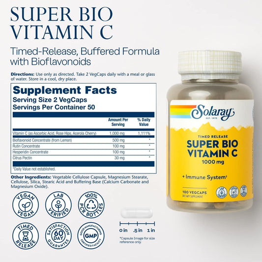 Solaray Super Bio Buffered Vitamin C 1000Mg, Two-Stage, Timed Release Vitamin C With Bioflavonoids, Immune Support Supplement - High Absorption, Vegan, 60 Day Guarantee, 50 Servings, 100 Vegcaps