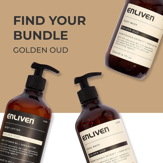 Enliven Luxe Golden Oud Handwash, Shower Gel & Body Lotion Bundle - 500Mlx3 Toiletries Set - Luxury Hand Wash, Body Moisturiser & Shower Gel - Bath & Shower Bundle