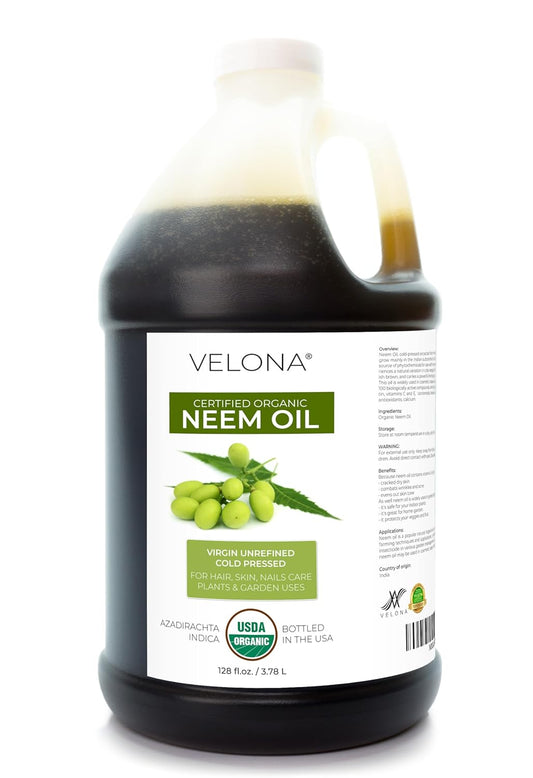 velona Neem Oil USDA Certified Organic - 1 Gallon / 128 Fl Oz | 100% Pure and Natural Carrier Oil | Virgin, Unrefined, Cold Pressed | Hair, Body and Skin Care | Use Today - Enjoy Results