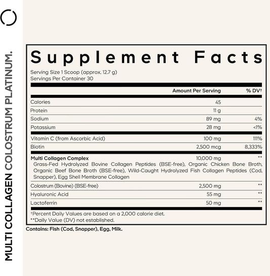 Codeage Multi Collagen Colostrum Powder Platinum - Hydrolyzed Grass-Fed Bovine Collagen Peptides, Grass-Fed Bovine Colostrum Supplement, Vitamin C, Biotin, Hyaluronic Acid, Lactoferrin - 13.4 Oz