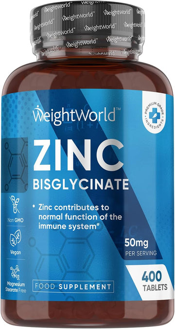 Zinc Tablets 50Mg - 400 Vegan Tablets - 6+ Months Supply - Zinc Bisglycinate Supplement For Men & Women - Travel-Friendly - No Artificial Flavours Added - Non-Gmo & Magnesium Stearate-Free