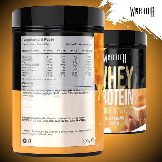 Warrior Whey Protein Powder 500G - Up To 36G* Protein Per Shake – Low Sugar - Muscle Growth And Recovery Drink - Amazing Taste - 20 Servings - Gmp Certified (Salted Caramel)
