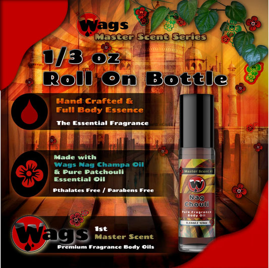 Wagsmarket - Nag Champa Perfume Oil & Patchouli Essential Oil, Nag Chouli Essential Perfume Oil, Choose From Roll On To 0.33Oz - 4Oz Glass Bottle (0.33Oz Roll On)
