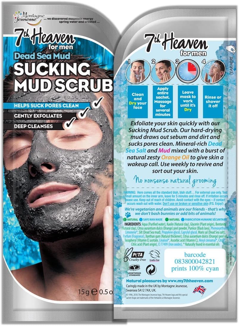 7Th Heaven Men’S Skin Essentials Gift Set – 3 Face Masks With Charcoal & Dead Sea Salt + T-Zone Pore Strips, Black Wash Bag, Exfoliating Body Puff & Face Cloth – Deep Cleansing Skincare Gift For Him