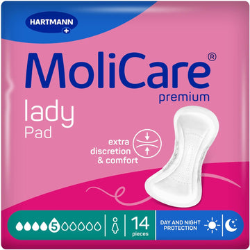 Molicare Premium Lady Pad 5 Drops Extra-Long Incontinence Pads For Women With Moderate Bladder Weakness, Nighttime Protection, Odour Neutraliser, Advanced Skin Protection, 14 Pieces