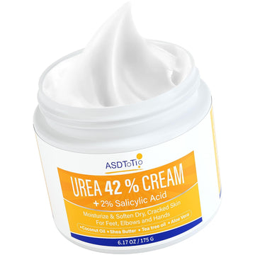 Urea Cream 42% - Foot Care For Dry Cracked Heels, Foot Lotion - With 2% Salicylic Acid, Tea Tree Oil, Shea Butter, Aloe Vera - For Feet, Hands, Heels, Elbows, Knees And More - 6 Oz