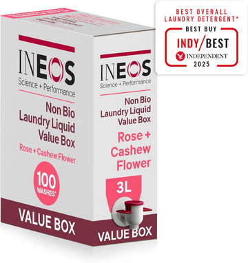 Ineos Next Gen Non Bio Laundry Washing Liquid Detergent, Stain Removal For Clothes, Plant Powered, Eco Value Box Rose + Cashew Flower 3L, Stress Relieving Fragrance, Vegan, Cruelty Free