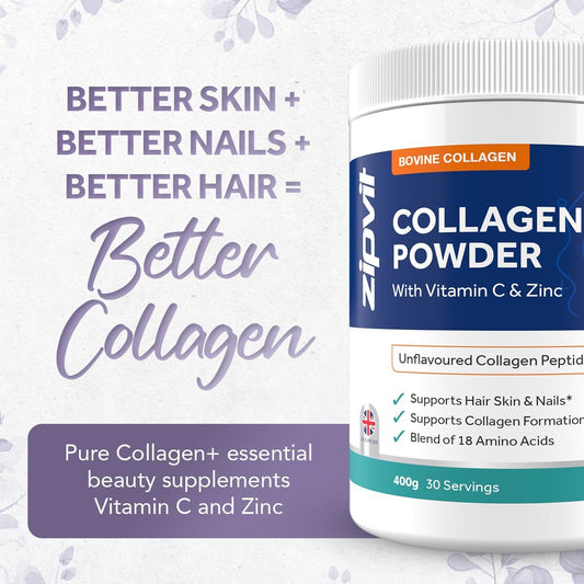 Zipvit Collagen Powder Type I & Ii With Vitamin C And Zinc, Collagen Supplements For Women,Supports Hair, Skin, Nails And Collagen Formation, Unflavoured Bovine Collagen, 400G