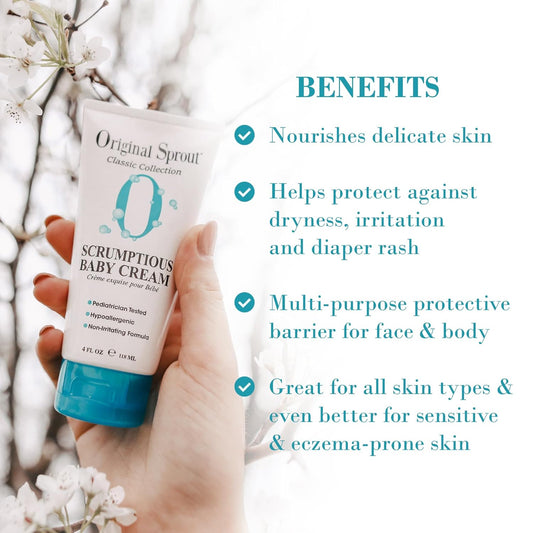 Original Sprout Scrumptious Baby Cream, Gentle Moisturizing Cream For Dry, Sensitive Skin & Diaper Rash, Non-Greasy Baby Lotion With Zinc Oxide & Calendula For Face & Body, 24 Fl Oz
