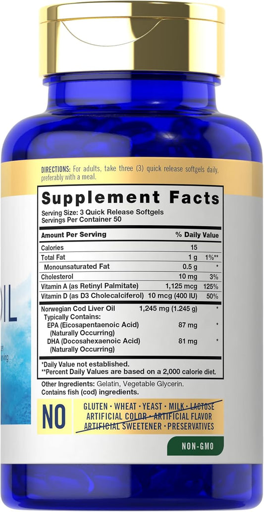 Carlyle Norwegian Cod Liver Oil | With Epa & Dha | 1245Mg | 150 Softgels | Liquid Capsules | Non-Gmo & Gluten Free Supplement