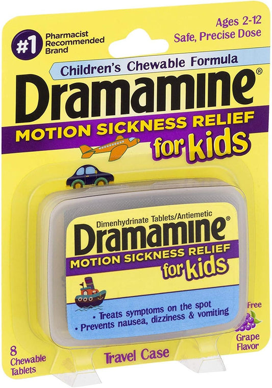 Dramamine Motion Sickness for Kids, Chewable, Dye Free, Grape flavored, 8 Count, 6 Pack : Health & Household
