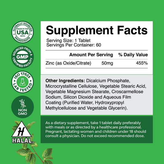 Zinc 50Mg Immune Support Supplement - Zinc Complex Supplement For Immune System And Zinc Supplement To Enhance Hair Skin And Nails Vitamins - Easy To Swallow Potent Daily Zinc Tablets For Adults